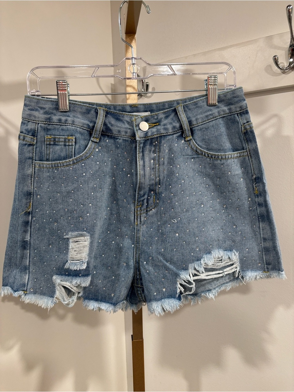 Rhinestone Distressed Denim Shorts - Light Blue
